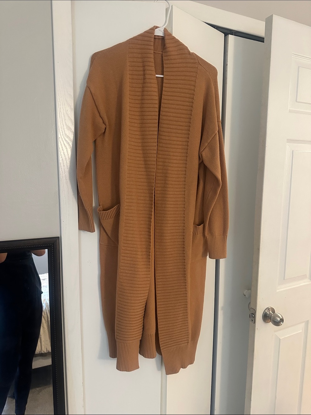 Open-Front Long Cardigan in Camel Brown